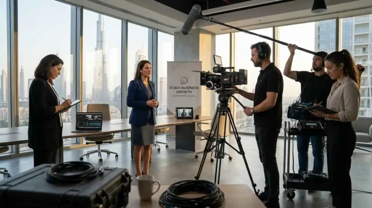 A group of people gathered around a camera and laptop, collaborating on corporate video production