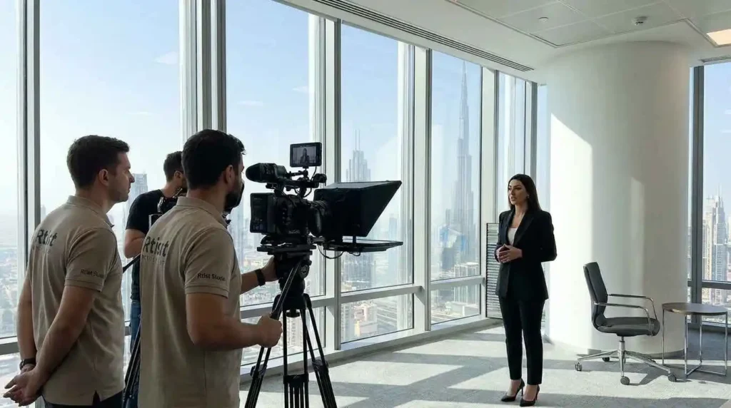 A group of professionals stands together in front of a large window, showcasing a corporate video setting.