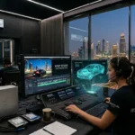 A woman seated at a desk with a computer, enjoying a city view from her post-production studio workspace.