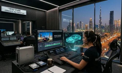 A woman seated at a desk with a computer, enjoying a city view from her post-production studio workspace.