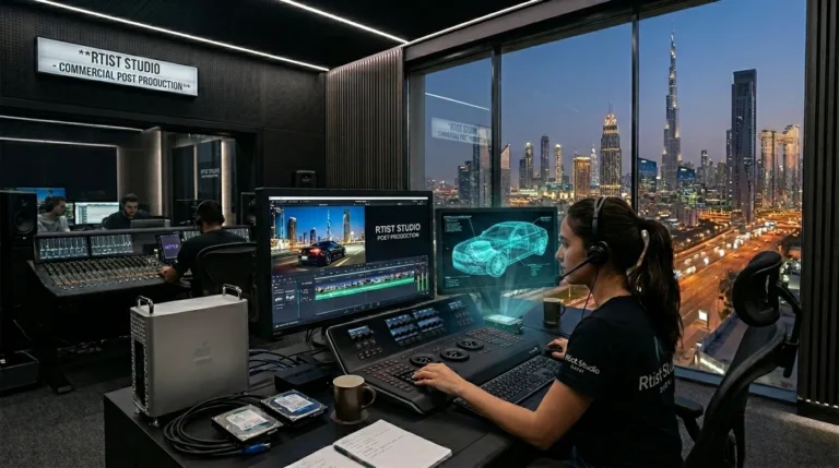 A woman seated at a desk with a computer, enjoying a city view from her post-production studio workspace.