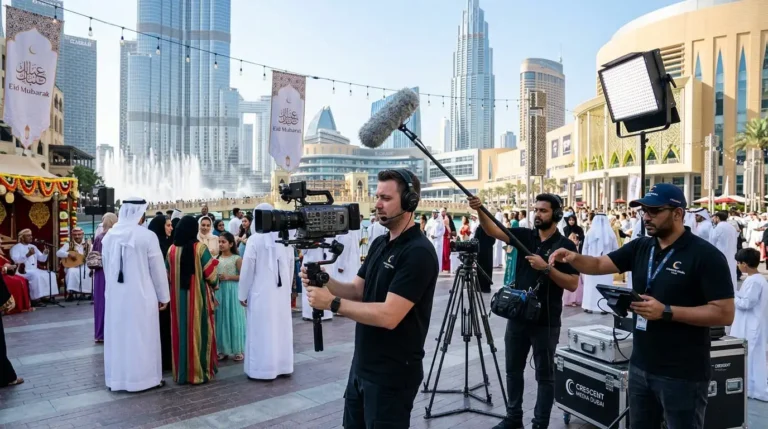A man with a camera and crew filming a crowd during an Eid event for a video production company.
