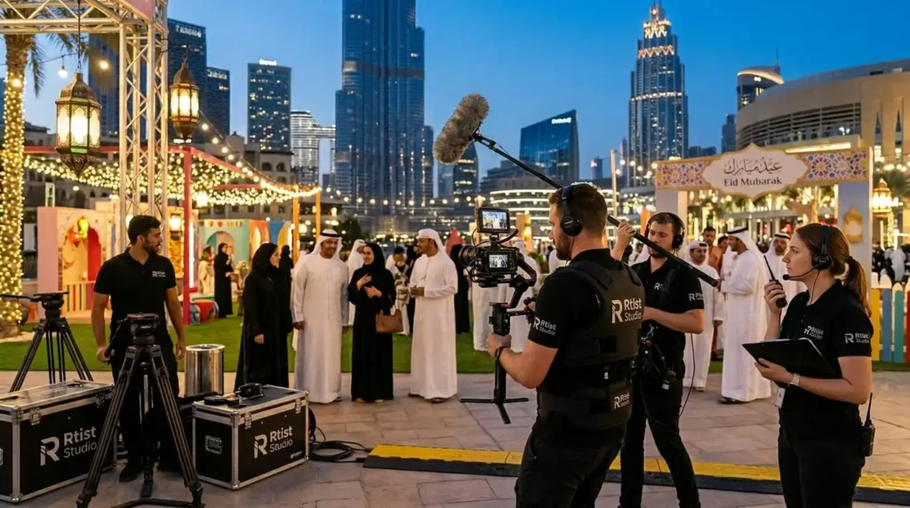 A group of people gathered in front of a building, representing a video production company for Eid events.