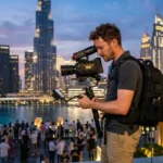 Best Videographer in Dubai Capturing Corporate Event with Professional Camera Against Dubai Skyline