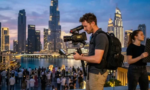 Best Videographer in Dubai Capturing Corporate Event with Professional Camera Against Dubai Skyline