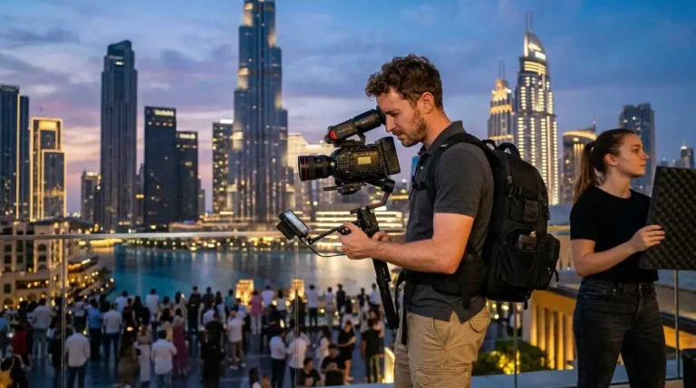 Best Videographer in Dubai Capturing Corporate Event with Professional Camera Against Dubai Skyline