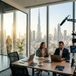 Team members work together in an office overlooking the cityscape of Dubai, showcasing a modern workspace.