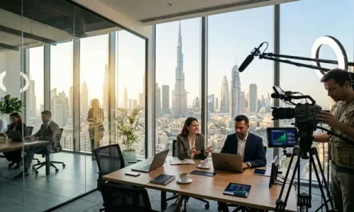 Team members work together in an office overlooking the cityscape of Dubai, showcasing a modern workspace.