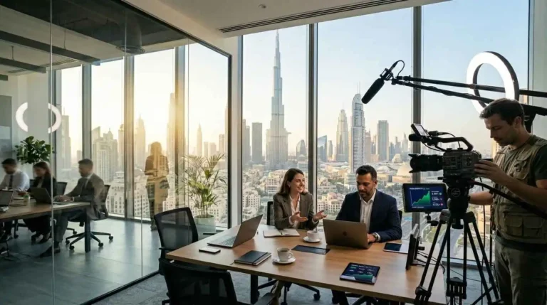 Team members work together in an office overlooking the cityscape of Dubai, showcasing a modern workspace.