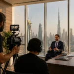 Professional video production team filming corporate video in Dubai office with city skyline background
