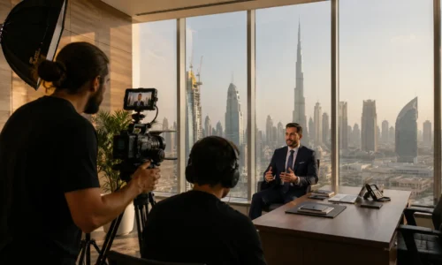 Professional video production team filming corporate video in Dubai office with city skyline background