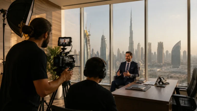Professional video production team filming corporate video in Dubai office with city skyline background