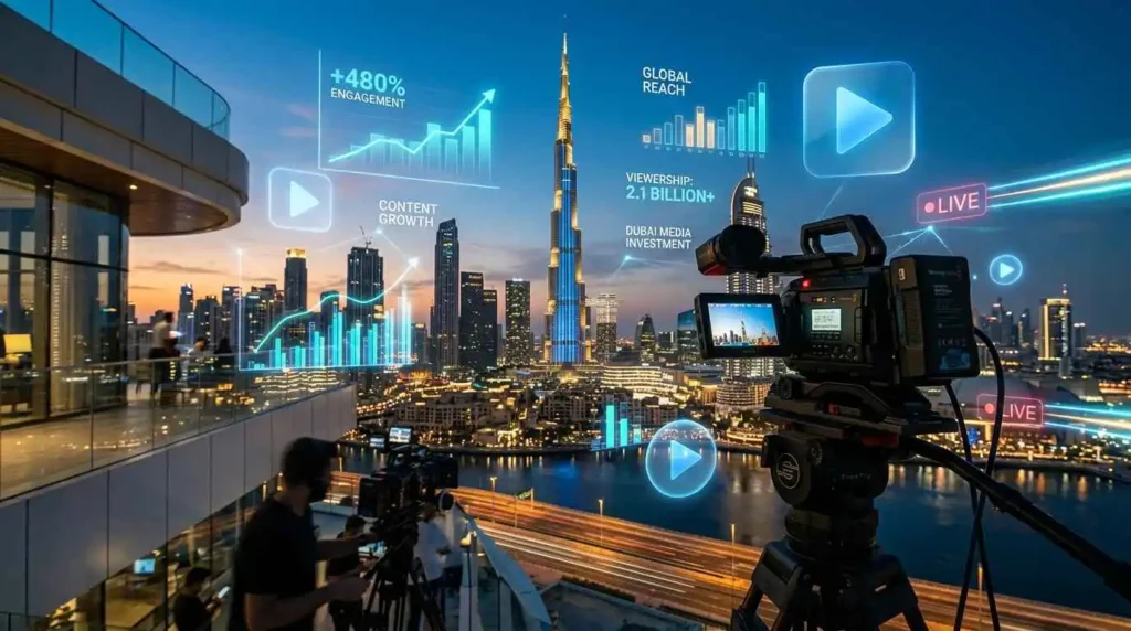 A video camera captures a Dubai cityscape adorned with digital icons, showcasing modern urban life and technology.