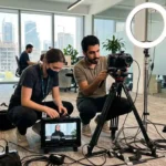 Two individuals collaborating on a video project, adjusting a camera and discussing filming techniques.