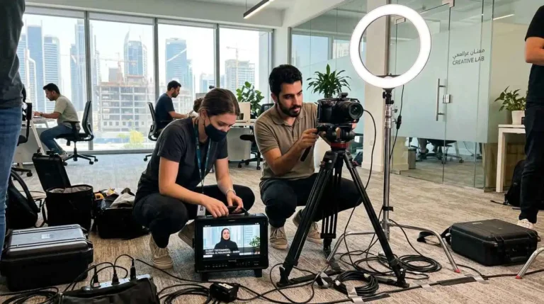 Two individuals collaborating on a video project, adjusting a camera and discussing filming techniques.