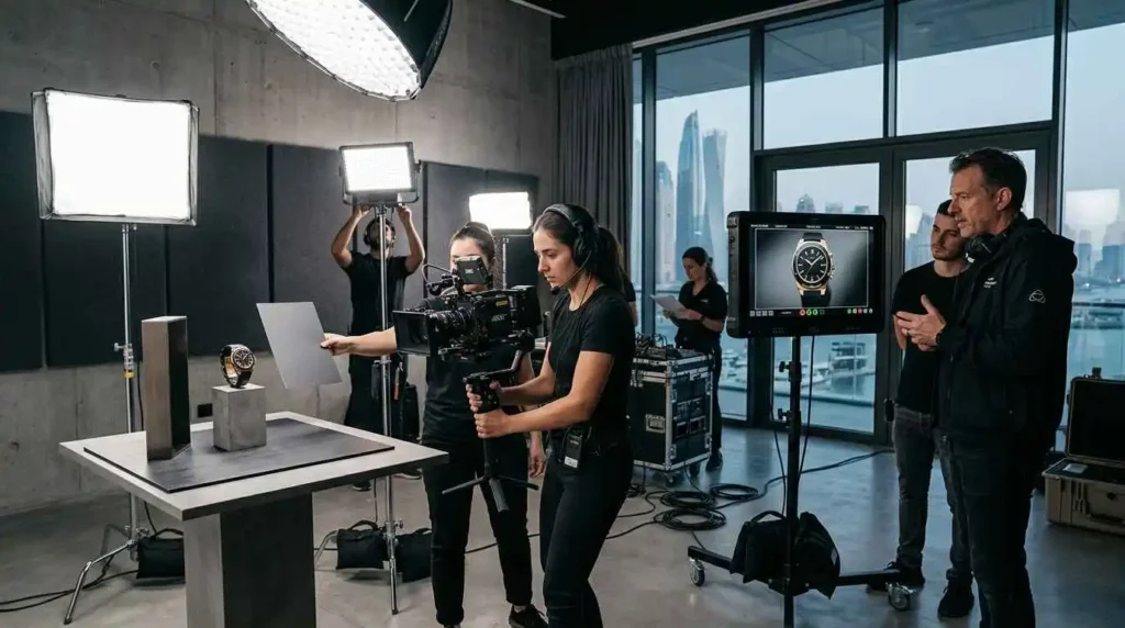 A group of people gathered around a camera and a watch, discussing video production for brand lead generation.