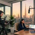 A man and woman collaborate in an office, surrounded by a camera and laptop, focusing on video production for brand leads.