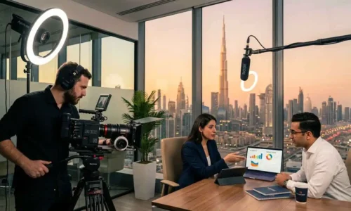 A man and woman collaborate in an office, surrounded by a camera and laptop, focusing on video production for brand leads.