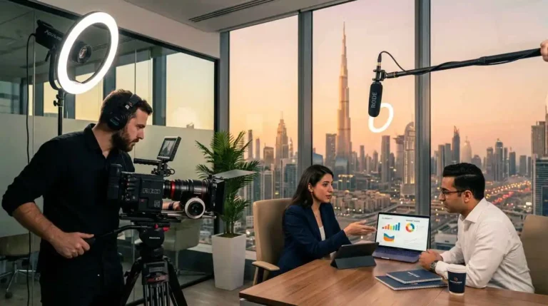 A man and woman collaborate in an office, surrounded by a camera and laptop, focusing on video production for brand leads.