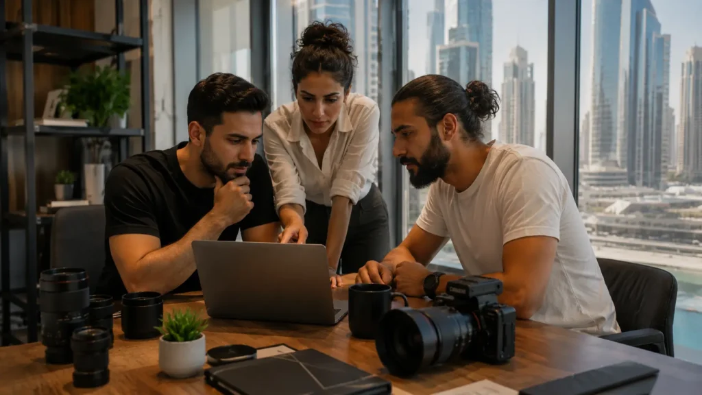 Video production team in Dubai reviewing corporate video strategy on laptop with camera equipment