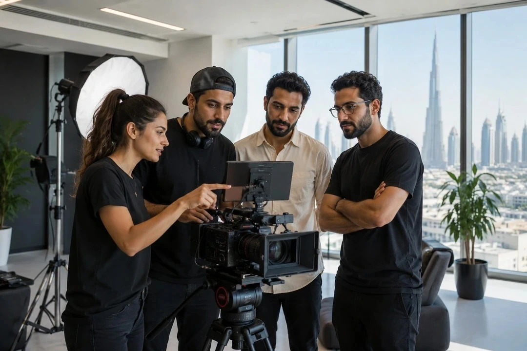 Three individuals positioned in front of a camera, preparing for a video marketing shoot.
