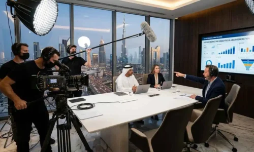 A film crew records a business meeting in a modern office with city views; three people sit at a table with laptops and a digital marketing chart is displayed on a screen.