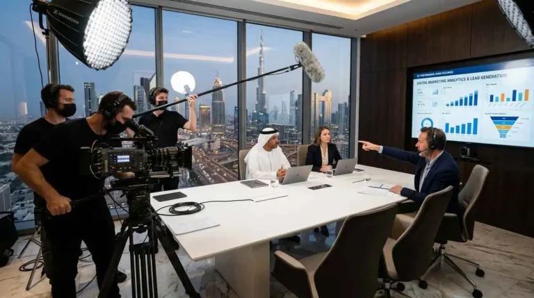 A film crew records a business meeting in a modern office with city views; three people sit at a table with laptops and a digital marketing chart is displayed on a screen.