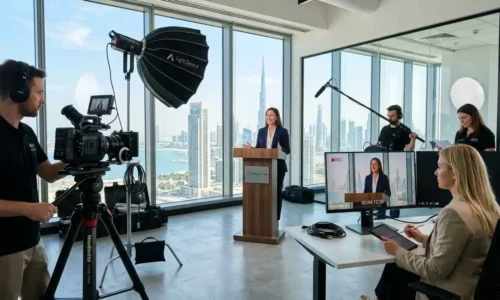 A woman in front of a camera and two men at desks, showcasing teamwork in a video marketing agency focused on lead generation.