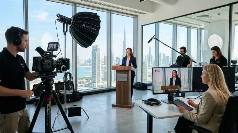 A woman in front of a camera and two men at desks, showcasing teamwork in a video marketing agency focused on lead generation.
