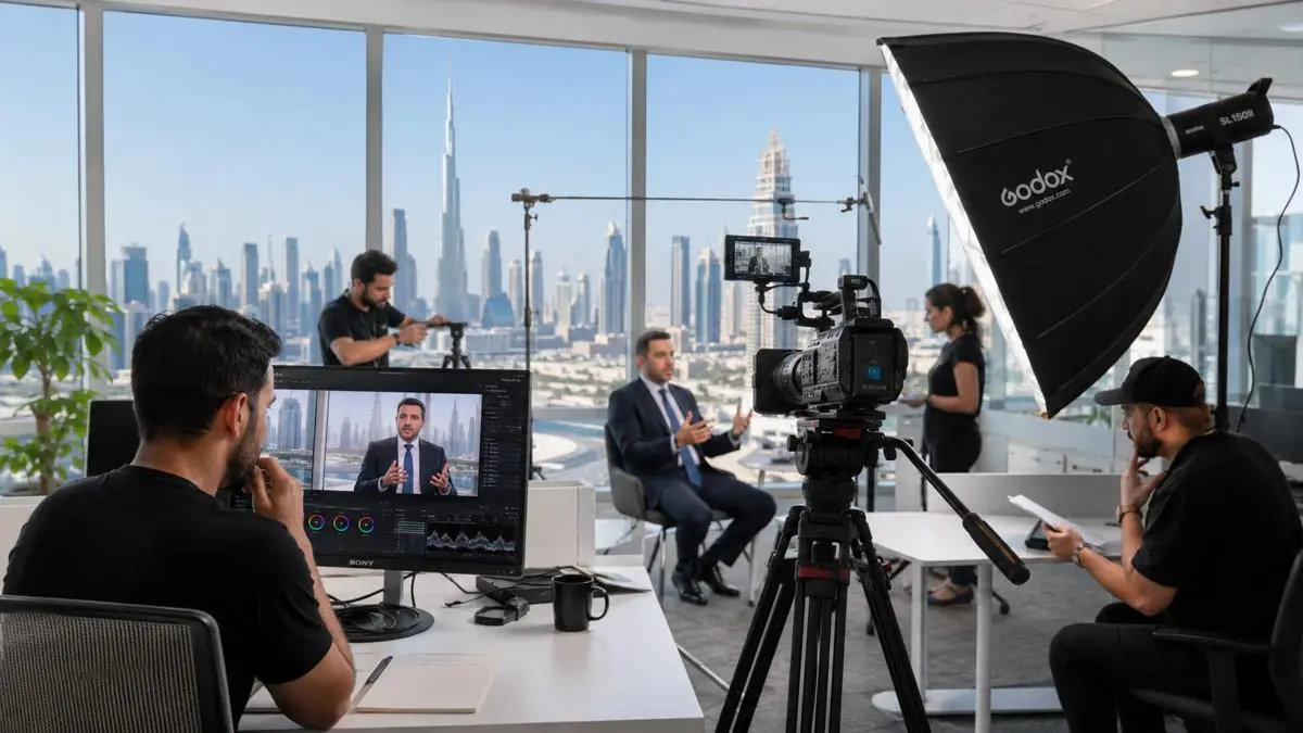 A group of individuals engaged in a meeting, analyzing video marketing data displayed on a large screen for lead generation.