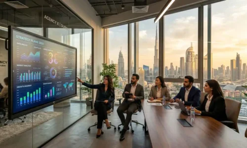 A collaborative meeting in a conference room, with a group analyzing marketing strategies on a large display screen.