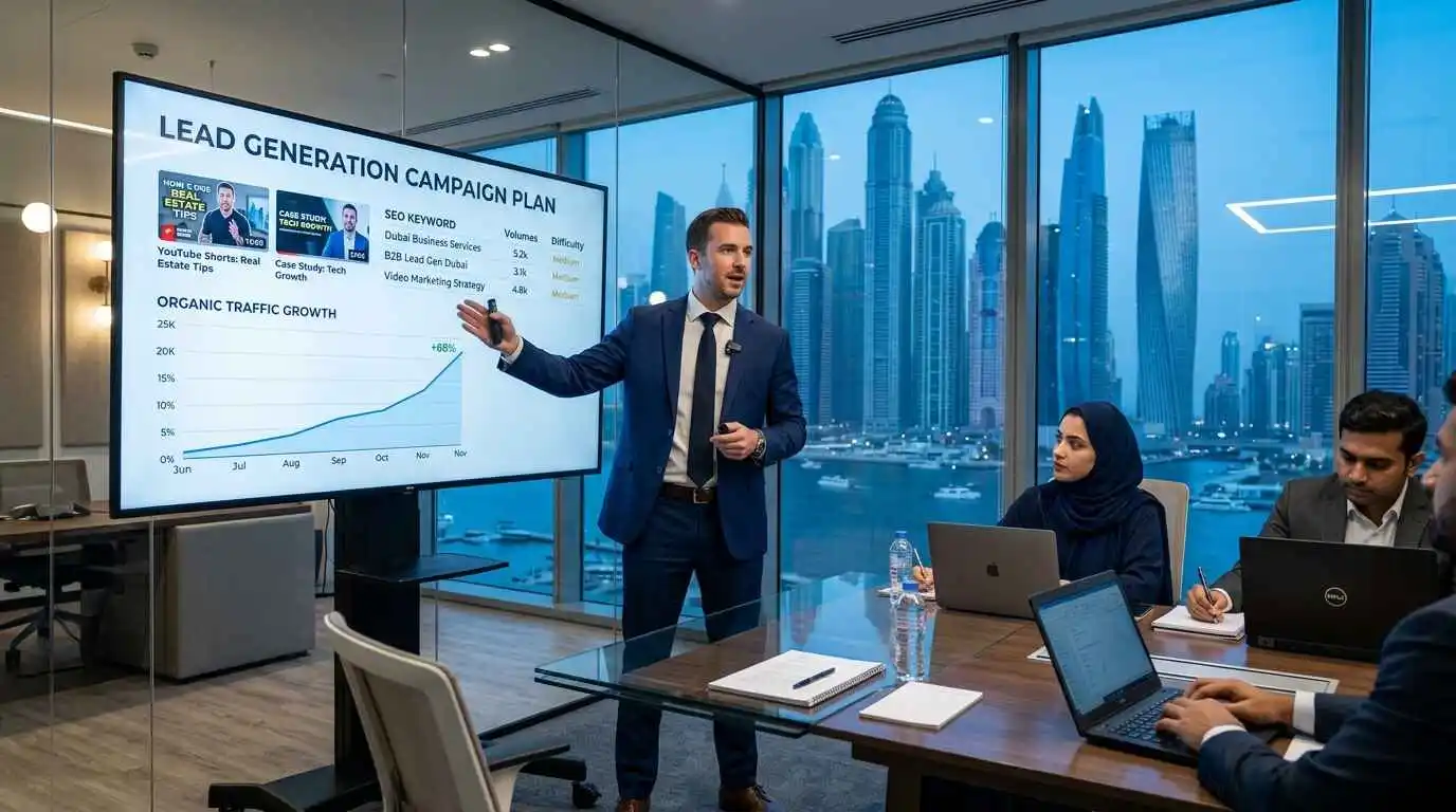 A man in a suit presents a lead generation campaign plan on a screen to three colleagues in a modern office of a Video Marketing Agency in Dubai, with the city skyline visible through large windows.