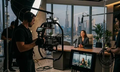 A man in an office environment, actively filming a lead-generation video with professional video equipment.