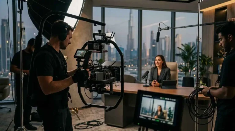 A man in an office environment, actively filming a lead-generation video with professional video equipment.