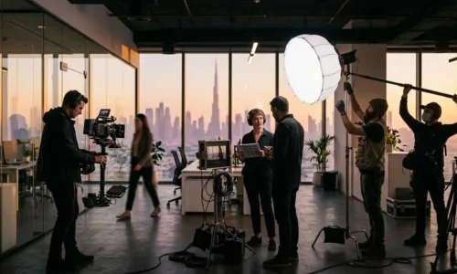 Individuals in an office environment organizing a video shoot, highlighting the intersection of brand awareness and lead generation efforts.