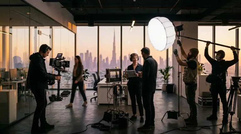 Individuals in an office environment organizing a video shoot, highlighting the intersection of brand awareness and lead generation efforts.
