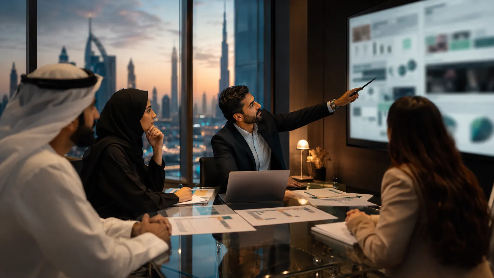 Business professionals engaged in a meeting, discussing marketing strategies in a modern Dubai office setting.