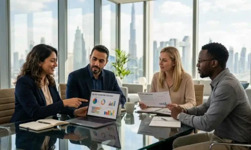 A diverse group of business individuals gathered at a table, focused on a laptop while strategizing marketing efforts.