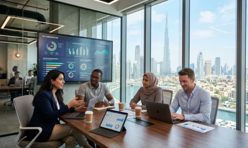 Team members engaged in a strategic marketing meeting, gathered around a table with a laptop for presentations.
