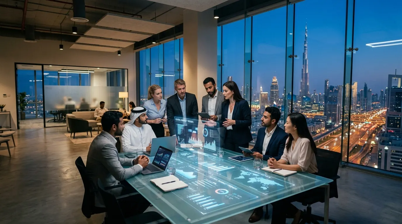 Business professionals collaborate around a futuristic table in a modern office setting, discussing strategic marketing plans.