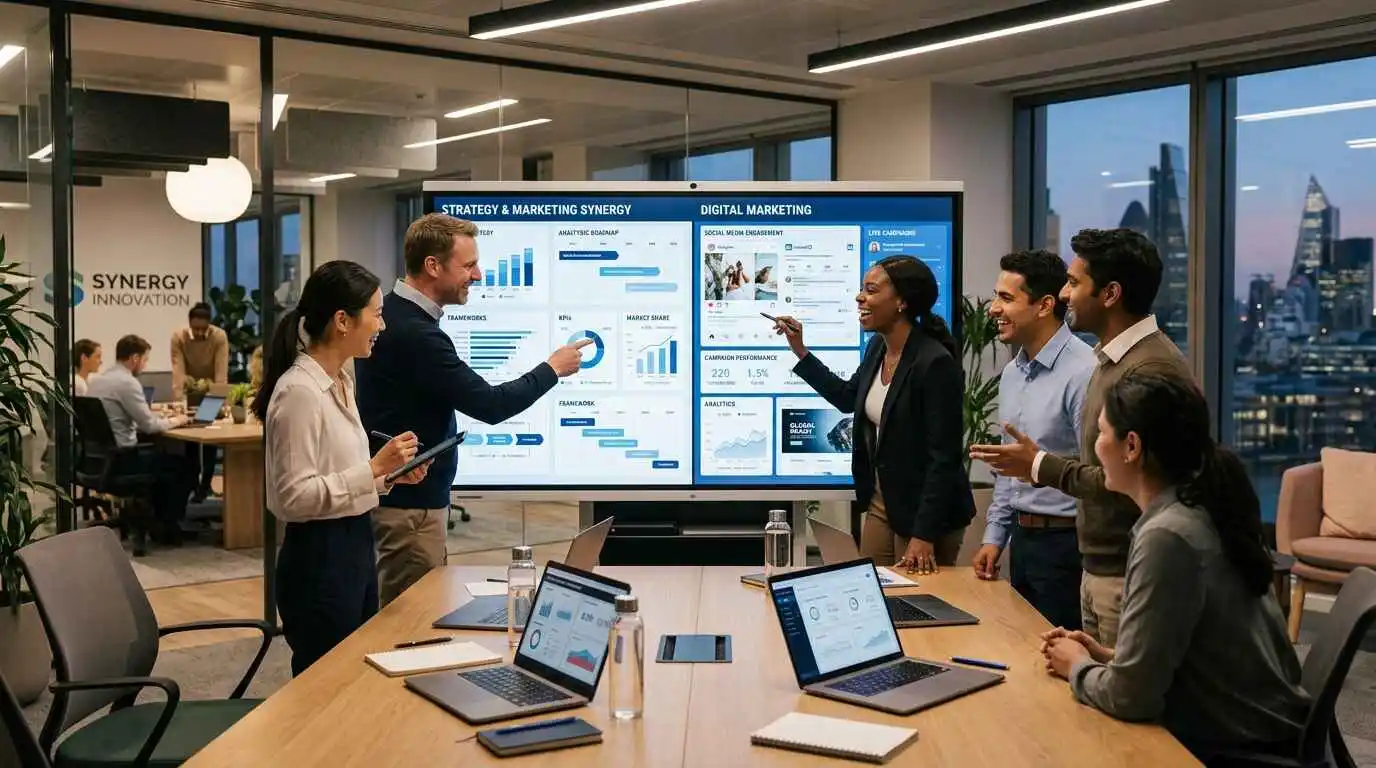eam members collaborating in an office setting, focused on a large screen displaying marketing strategies and data.