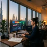 A professional woman at her desk, engaged with her computer, with a city view, symbolizing strategic marketing agency work.