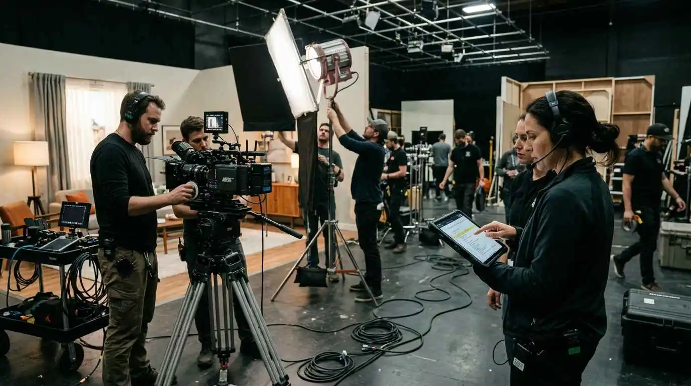 A diverse group of people engaged in video production, with various cameras and equipment in a well-lit room.