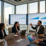 A team of business individuals discussing strategies in a meeting room, overlooking a vibrant cityscape through glass walls.