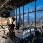 People engage in video marketing efforts on set, utilizing equipment and benefiting from the bright light of a large window.