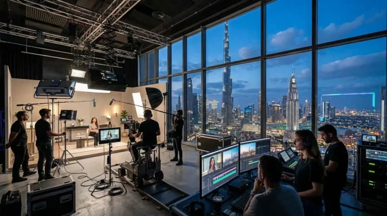People engage in video marketing efforts on set, utilizing equipment and benefiting from the bright light of a large window.