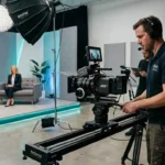 A man filming a video in a professional studio setting, featuring cameras, lights, and sound equipment.