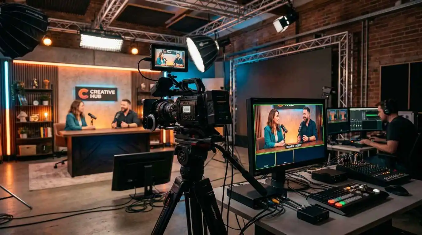A video production studio setup showcasing a camera alongside two monitors for video editing tasks.