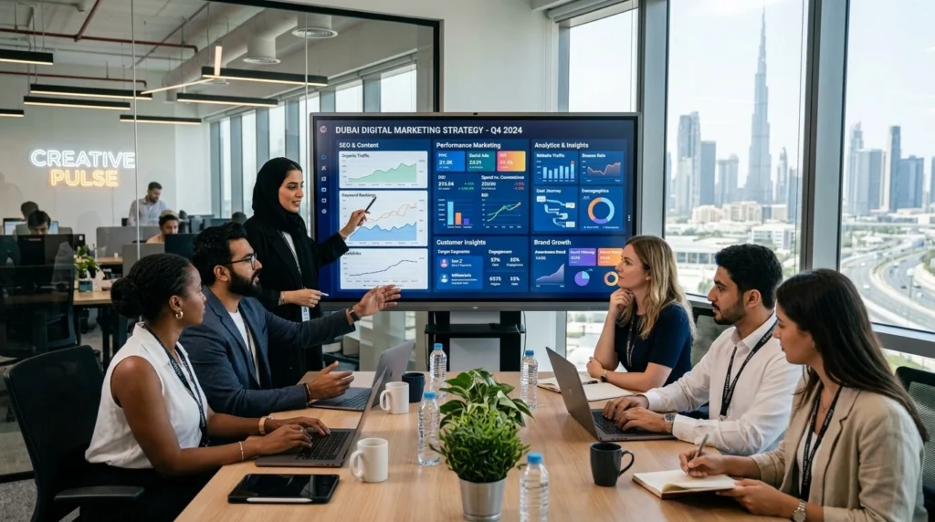 A diverse group of professionals collaborating in a meeting room, focused on a large screen displaying strategic marketing data.