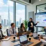 A group of business professionals collaborating in an office, with a large screen displaying strategic marketing data.